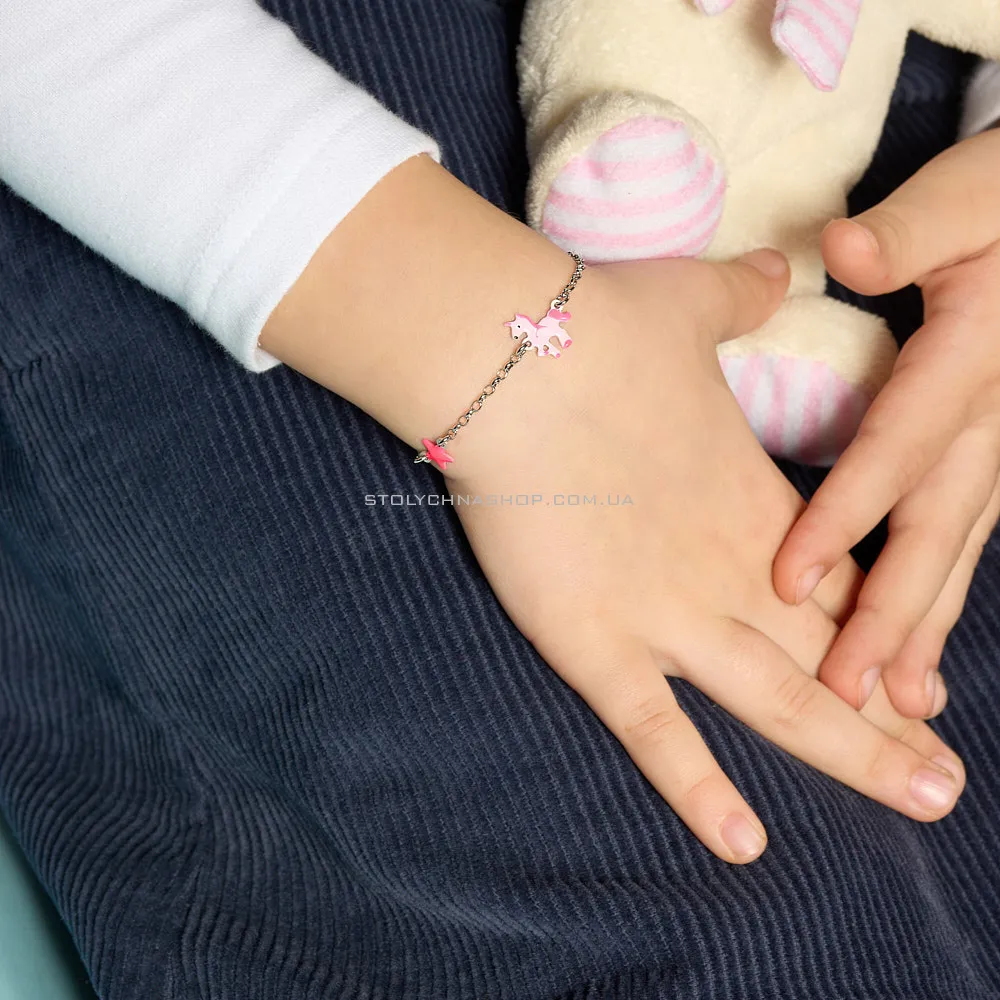 Детский серебряный браслет "Единорог" с розовой эмалью  (арт. 7509/3611ер)