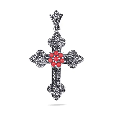 Срібний хрестик з коралом і марказитами (арт. 7403/2866мркКрк)