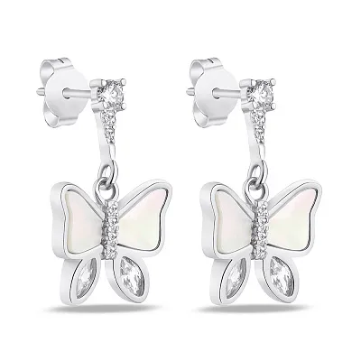 Сережки срібні "Метелики" з перламутром і з фіанітами  (арт. 7518/6230п)
