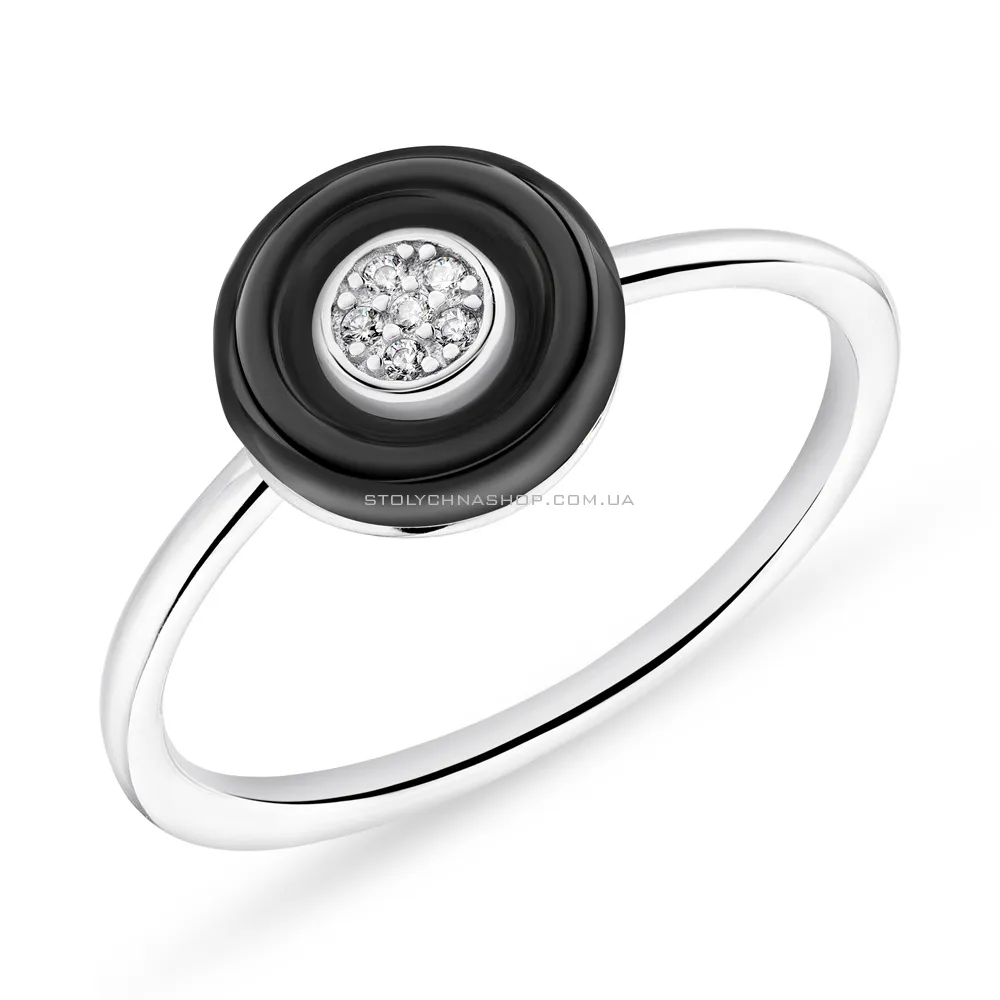 Кольцо серебряное с черной керамикой и фианитами  (арт. 7501/5550кмч)