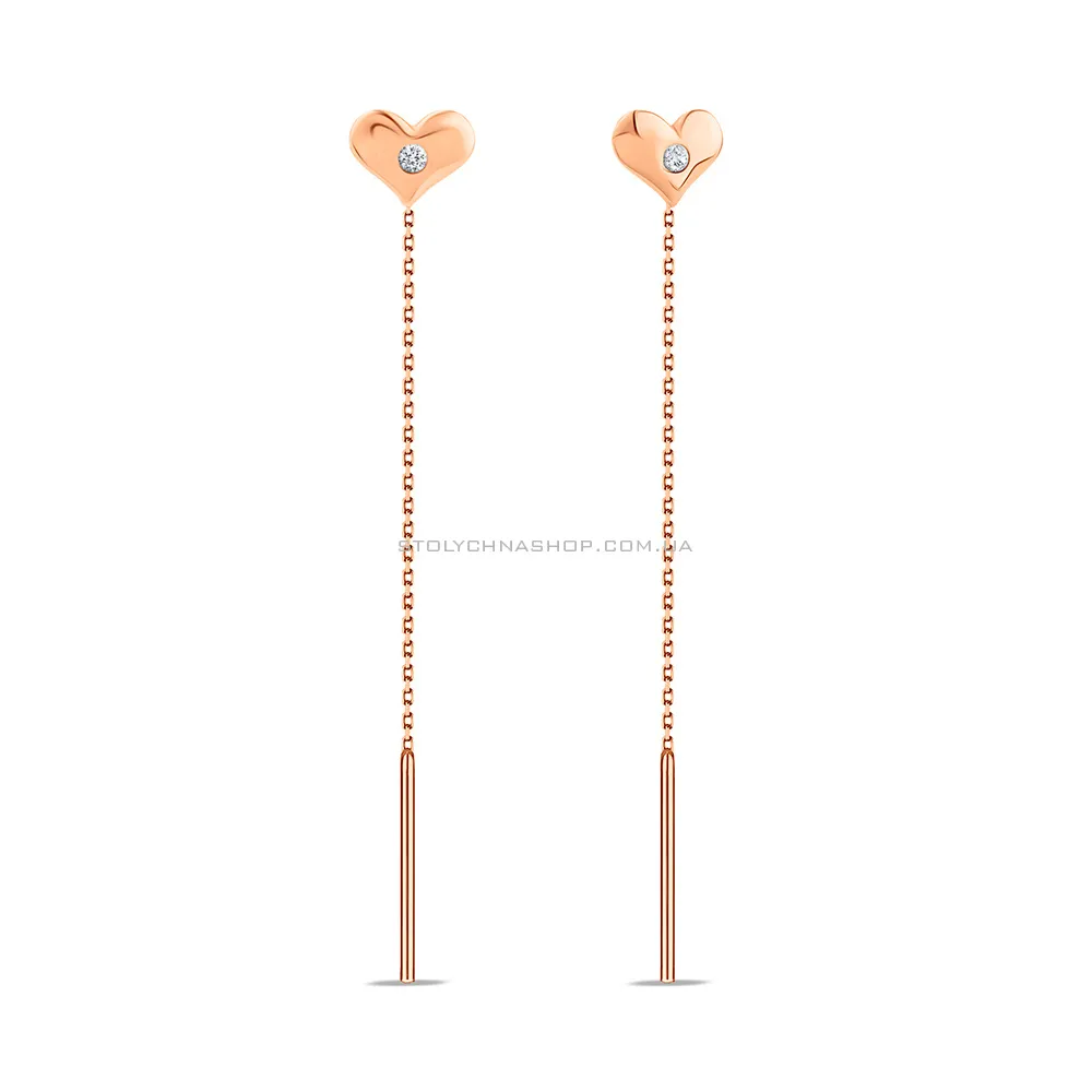 Сережки протяжки з золота Серце з фіанітами (арт. 108014)