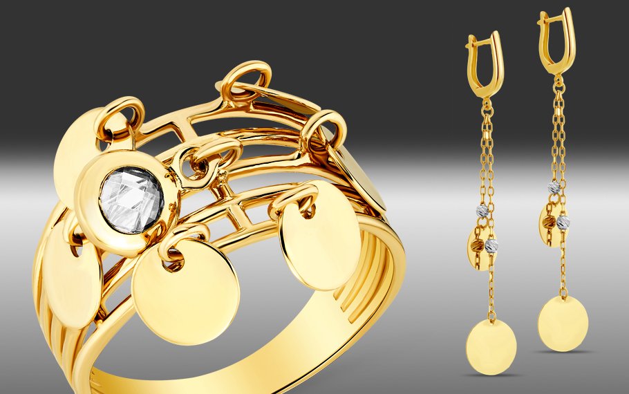 Золотое кольцо и серьги подвески