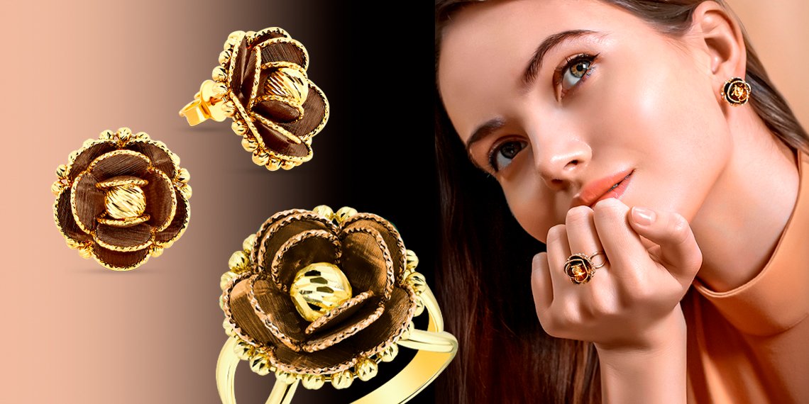 Золотые серьги и кольцо Роза