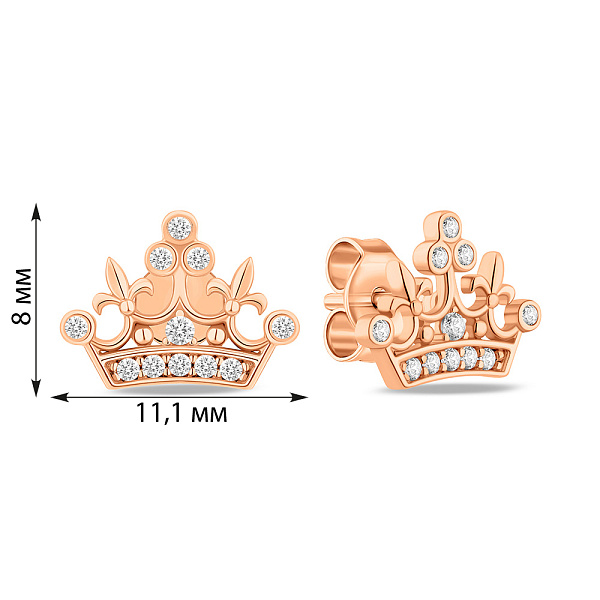 Сережки-пусети Корона з червоного золота з фіанітами (арт. 107861) – зображення 2