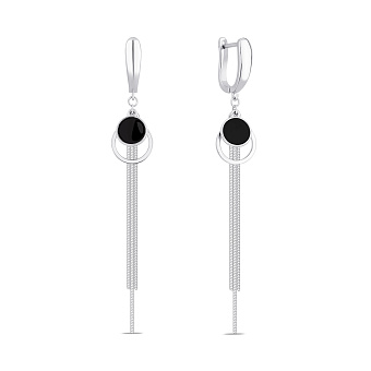 Фото Серебряные длинные серьги с черным ониксом (арт. 7502/10175о)