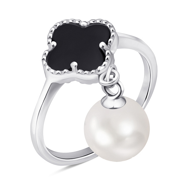 Срібна каблучка з перлиною і оніксом (арт. 7501/6757/10ожб) – зображення 1