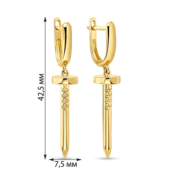 Золоті сережки-підвіски «Цвяхи» в жовтому кольорі металу (арт. 108698ж) – зображення 2