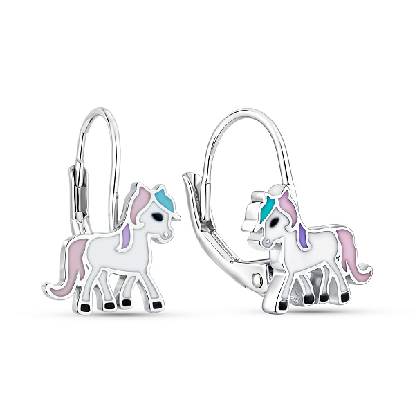 Серебряные детские серьги Единорог с эмалью (арт. 7502/10270е) – изображение 1