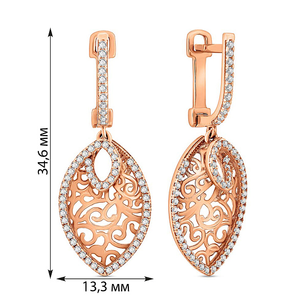 Серьги-подвески из красного золота с фианитами (арт. 102560) – изображение 2