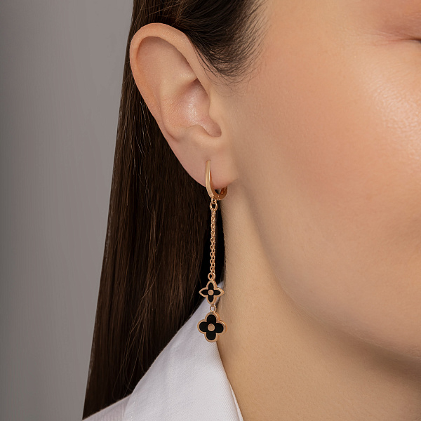 Золоті сережки-підвіски "Клевер" з емаллю (арт. 107374еч) – зображення 2