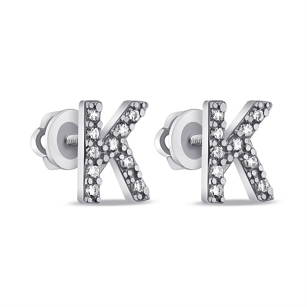 Серебряные серьги-пусеты Буква К с фианитами (арт. 7518/1092всю) – изображение 1
