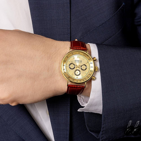 Масивний золотий годинник зі шкіряним ремінцем (арт. 260240жжкр) – зображення 3