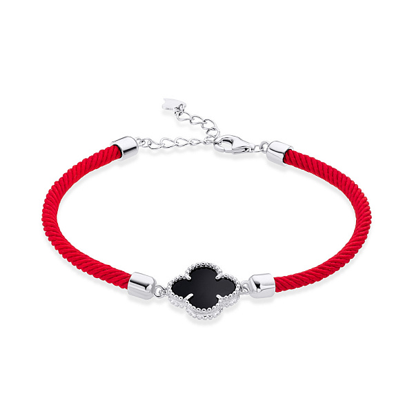 Браслет на червоній нитці "Клевер" з срібною вставкою і оніксом (арт. 7309/3321/15ок) – зображення 1