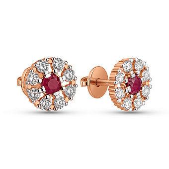 Золотые пусеты с рубином и бриллиантами (арт. Т011691р)