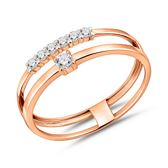 Фото Подвійна каблучка з червоного золота з фіанітами (арт. 140821)