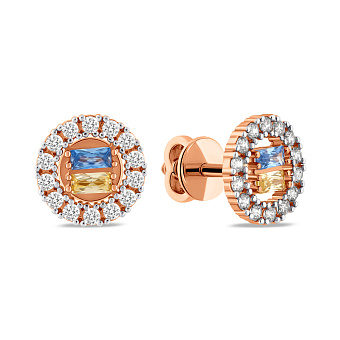 Золотые серьги-пусеты с голубым и желтым фианитами (арт. 111241гж)