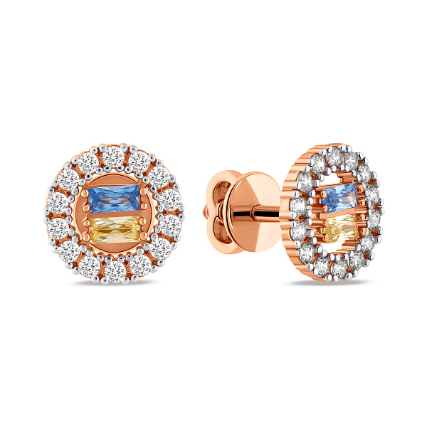 Золотые серьги-пусеты с голубым и желтым фианитами (арт. 111241гж) – изображение 1