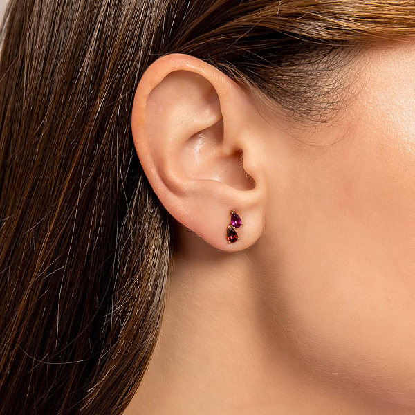 Сережки-пусети з червоного золота з гранатом і аметистом (арт. 111234Пкгр) – зображення 3