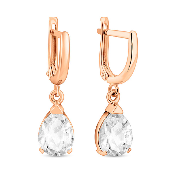 Сережки-підвіски в червоному кольорі металу з фіанітами (арт. 110145) – зображення 1