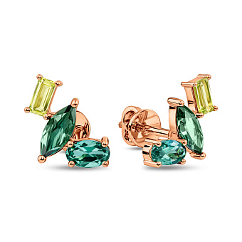 Фото Золотые серьги-пусеты с кварцем и хризолитом (арт. 1101116Пзх)