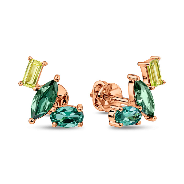 Золотые серьги-пусеты с кварцем и хризолитом (арт. 1101116Пзх) – изображение 1