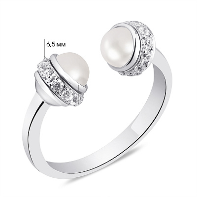 Незамкнутое серебряное кольцо и жемчугом и фианитами (арт. 7501/6063жб)