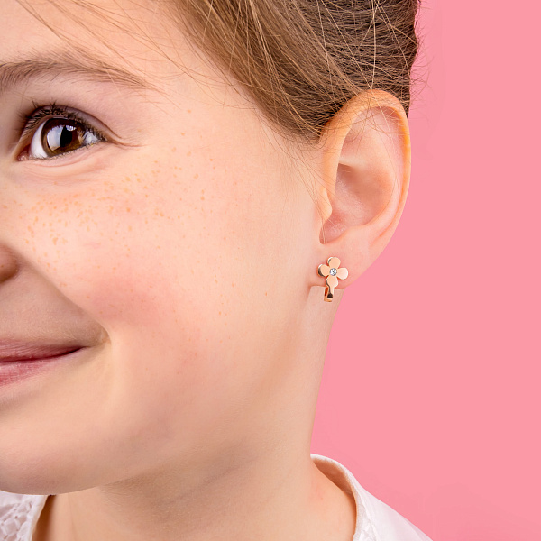 Дитячі сережки «Квіти» з червоного золота з фіанітами  (арт. 105553) – зображення 2