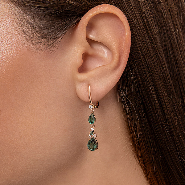 Золотые серьги подвески с зеленым кварцем и фианитами (арт. 111119Пзф) – изображение 3
