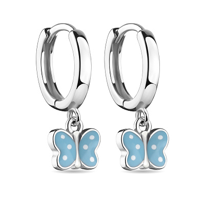 Дитячі сережки-підвіски зі срібла &quot;Метелики&quot; з блакитною емаллю  (арт. 7502/4532/10ег)