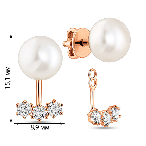 Золотые пусеты-джекеты с жемчугом и фианитами (арт. 110668) – изображение 2