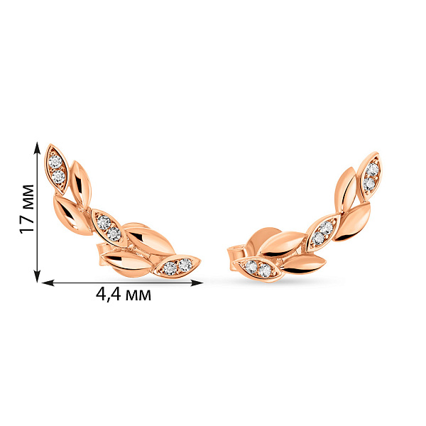 Сережки-пусеты "Веточка" из красного золота с фианитами  (арт. 109224) – изображение 2