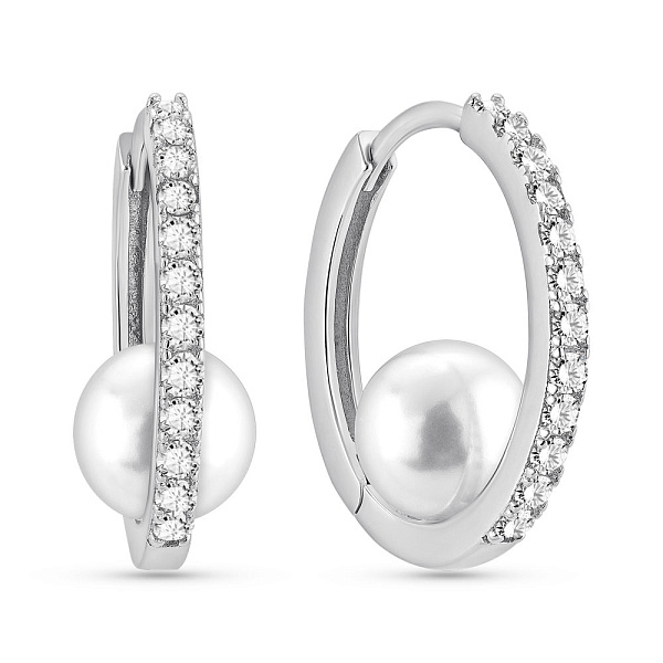 Серебряные серьги с жемчугом и фианитами (арт. 7502/9888/15жб) – изображение 1