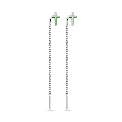 Срібні сережки-протяжки з зеленою емаллю (арт. 7502/1026езсю)