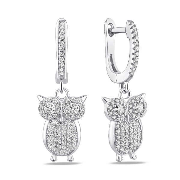 Серебряные серьги-подвески сова с фианитами (арт. 7502/10465) – изображение 1
