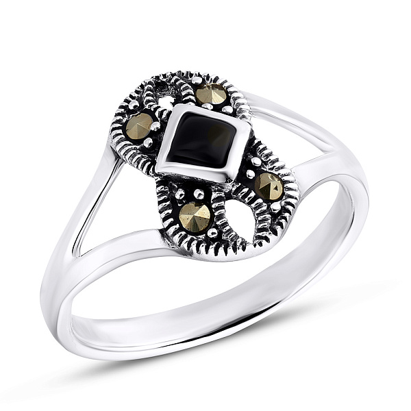 Серебряное кольцо с ониксом и марказитами (арт. 7401/4215мрко) – изображение 1