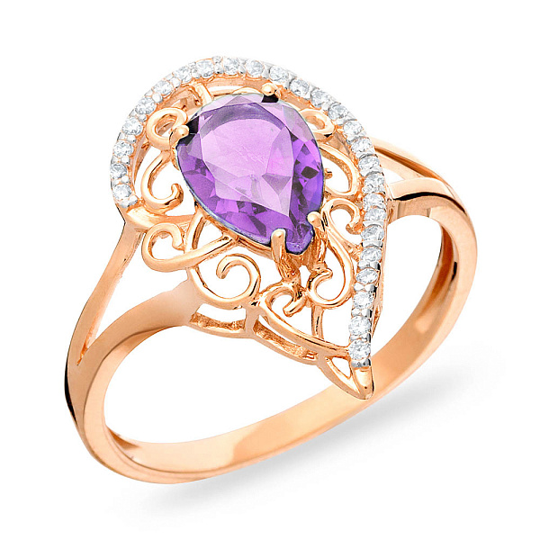 Золота каблучка з аметистом та фіанітами (арт. 140669Па) – зображення 1