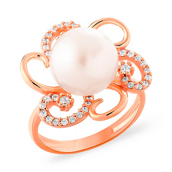 Золотое кольцо с жемчугом и фианитами (арт. 153218) – изображение 1