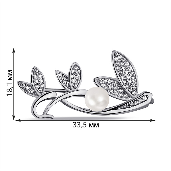 Срібна брошка з перлиною та фіанітами (арт. 7505/БР2ФЖ/046) – зображення 2