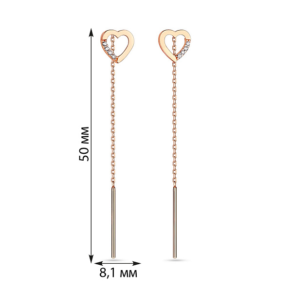 Сережки-цепочки «Сердечки» из красного золота (арт. 108013) – изображение 2