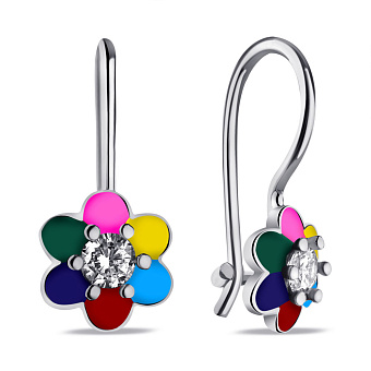 Серебряные детские серьги Цветок с эмалью и фианитами (арт. 7502/9753е)