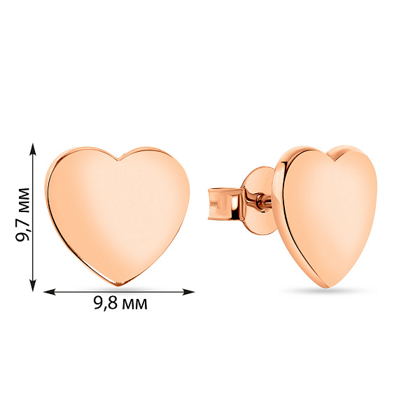 Сережки-пусети з червоного золота в формі серця (арт. 106509) – зображення 2