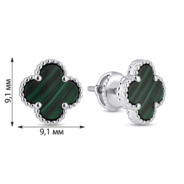 Серебряные пусеты Клевер с малахитом (арт. 7518/2183761/9млх) – изображение 2