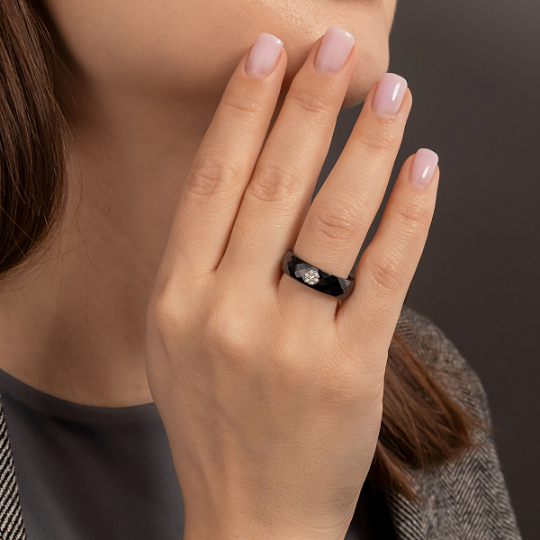 Каблучка з золота та чорної кераміки з діамантами (арт. К011229005кча) – зображення 2