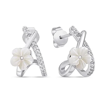 Срібні пусети Квітка з керамікою та з фіанітами (арт. 7518/7179кмб)