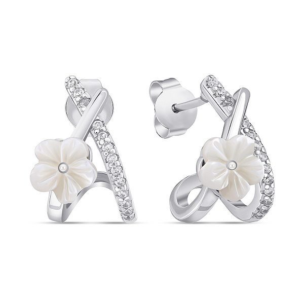 Серебряные пусеты Цветок с керамикой и с фианитами (арт. 7518/7179кмб) – изображение 1