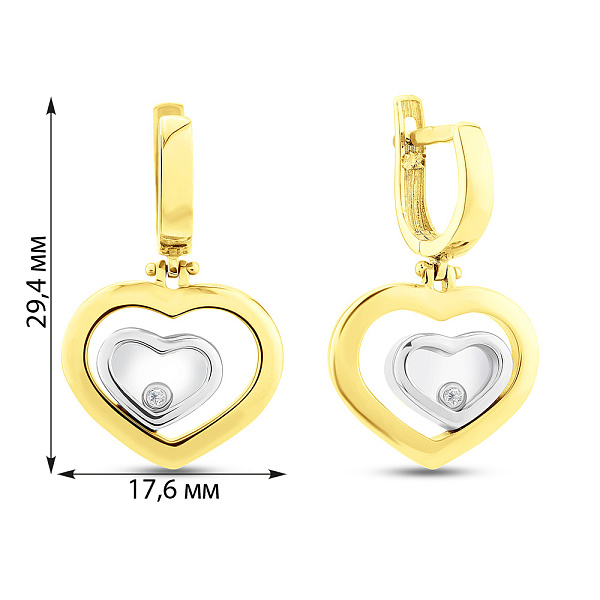 Золотые серьги подвески Сердечки с фианитами (арт. 104429жб) – изображение 2
