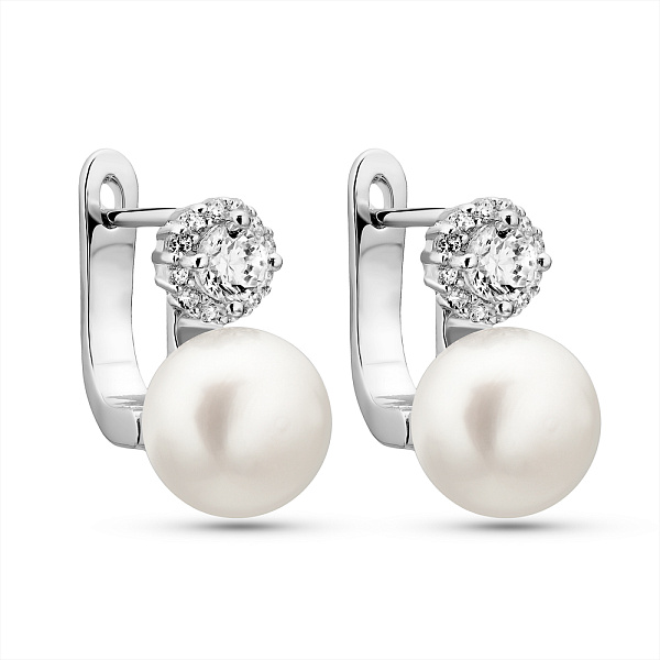 Срібні сережки з перлами та фіанітами (арт. 7502/2187219жб) – зображення 1