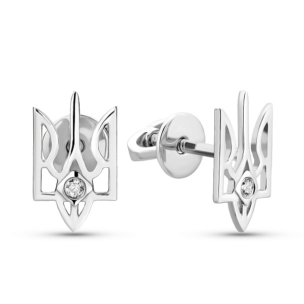 Золотые серьги-пусеты Герб Украины-Трезубец с бриллиантом (арт. Т011758б) – изображение 1