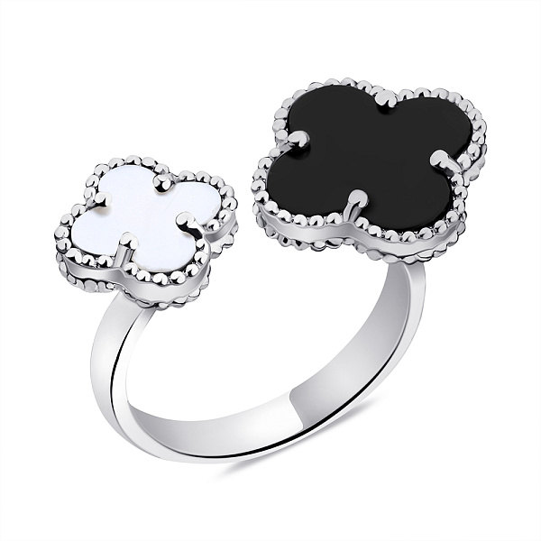 Серебряное безразмерное кольцо Клевер с ониксом и перламутром (арт. 7501/6521оп) – изображение 1