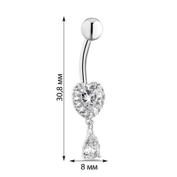Серебряная серьга-пирсинг для пупка Сердце с фианитами (арт. 7512/028) – изображение 2